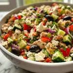 ['Close-up view of Mediterranean Chicken Salad in a bowl, showcasing colorful ingredients.', 'A side view of a bowl filled with Mediterranean Chicken Salad, highlighting fresh vegetables and chicken.', 'Detailed image of Mediterranean Chicken Salad featuring diced chicken, olives, and vibrant veggies.', 'Juicy Mediterranean Chicken Salad displayed in a bowl, focusing on texture and rich colors.']