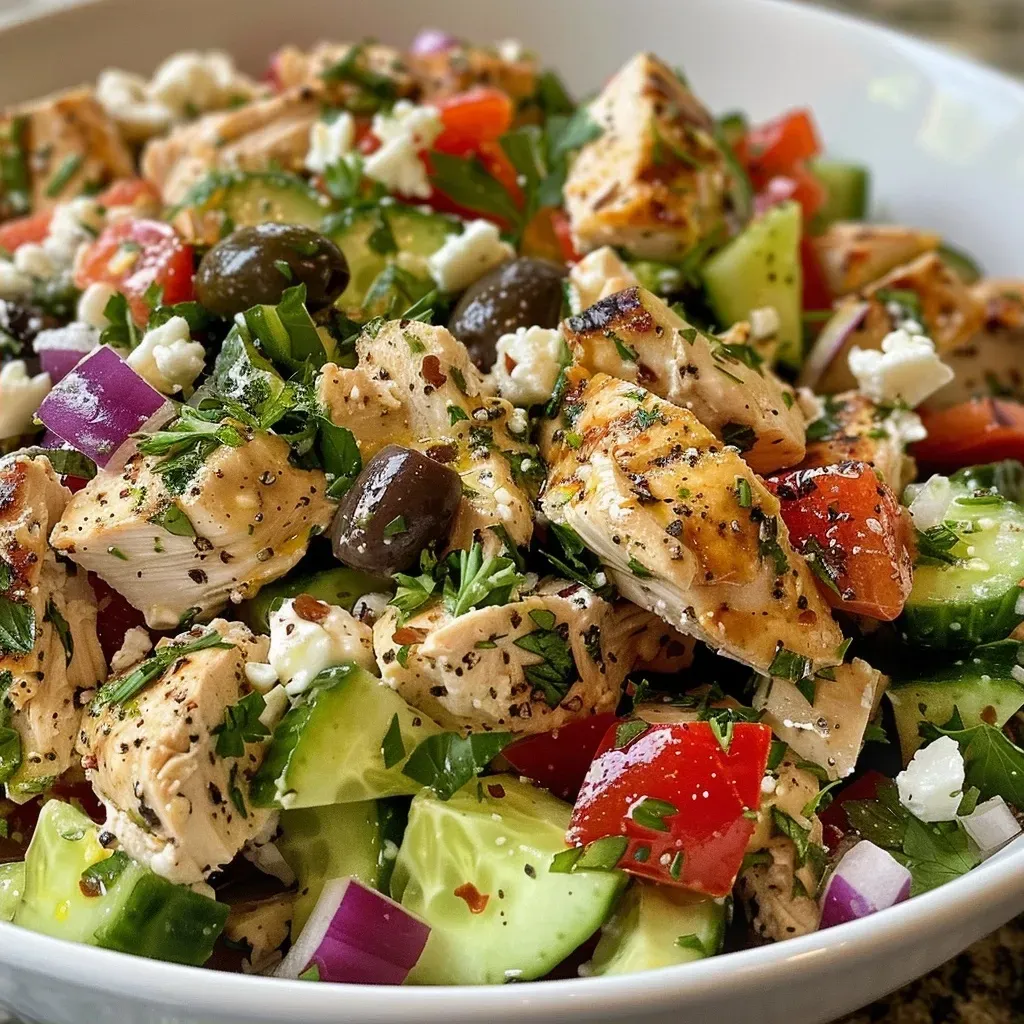 ['Close-up view of Mediterranean Chicken Salad in a bowl, showcasing colorful ingredients.', 'A side view of a bowl filled with Mediterranean Chicken Salad, highlighting fresh vegetables and chicken.', 'Detailed image of Mediterranean Chicken Salad featuring diced chicken, olives, and vibrant veggies.', 'Juicy Mediterranean Chicken Salad displayed in a bowl, focusing on texture and rich colors.']