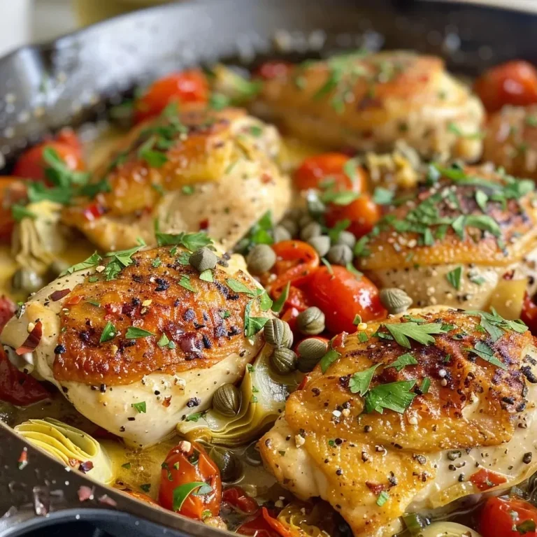 ['A close-up view of a Mediterranean Chicken Skillet, showcasing juicy chicken and vibrant vegetables.', 'Side view of a Mediterranean Chicken Skillet, highlighting artichoke hearts and sun-dried tomatoes.', 'A delicious Mediterranean Chicken Skillet presented in a cast-iron pan, featuring bright colors from herbs and vegetables.', 'Juicy chicken breast garnished with parsley in a skillet, surrounded by roasted artichokes and capers.']