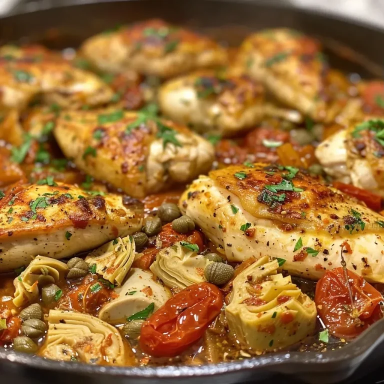 ['Close-up view of a Mediterranean Chicken Skillet featuring juicy chicken, artichokes, and sun-dried tomatoes.', 'Side view of a vibrant Mediterranean Chicken Skillet filled with colorful ingredients like capers and parsley.', 'Juicy chicken breast cooked with roasted artichokes and sun-dried tomatoes in a skillet.', 'Delicious Mediterranean Chicken Skillet showcasing a mix of chicken, vegetables, and herbs.']