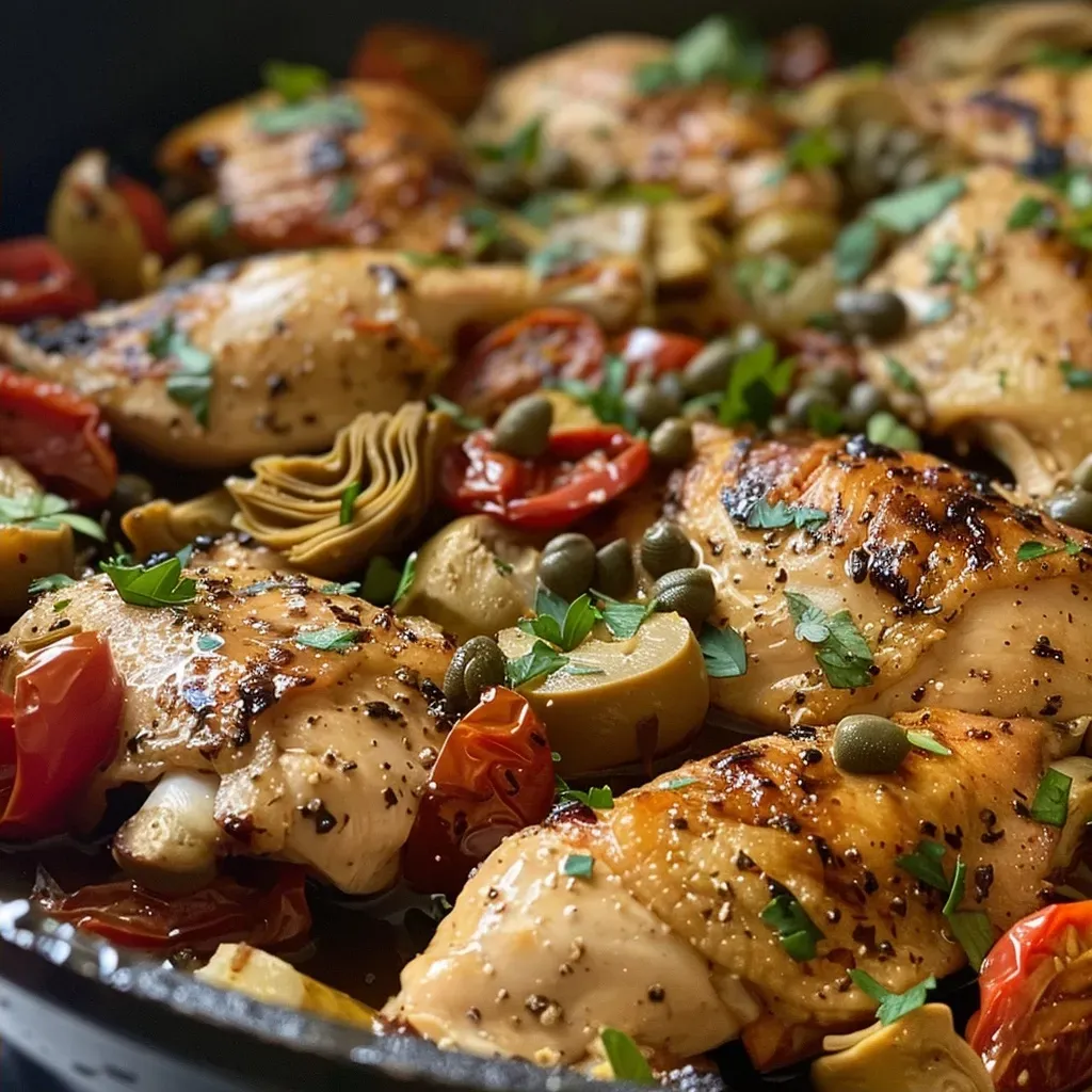 ['A close-up view of a Mediterranean Chicken Skillet, showcasing juicy chicken and vibrant vegetables.', 'Side view of a Mediterranean Chicken Skillet, highlighting artichoke hearts and sun-dried tomatoes.', 'A delicious Mediterranean Chicken Skillet presented in a cast-iron pan, featuring bright colors from herbs and vegetables.', 'Juicy chicken breast garnished with parsley in a skillet, surrounded by roasted artichokes and capers.']