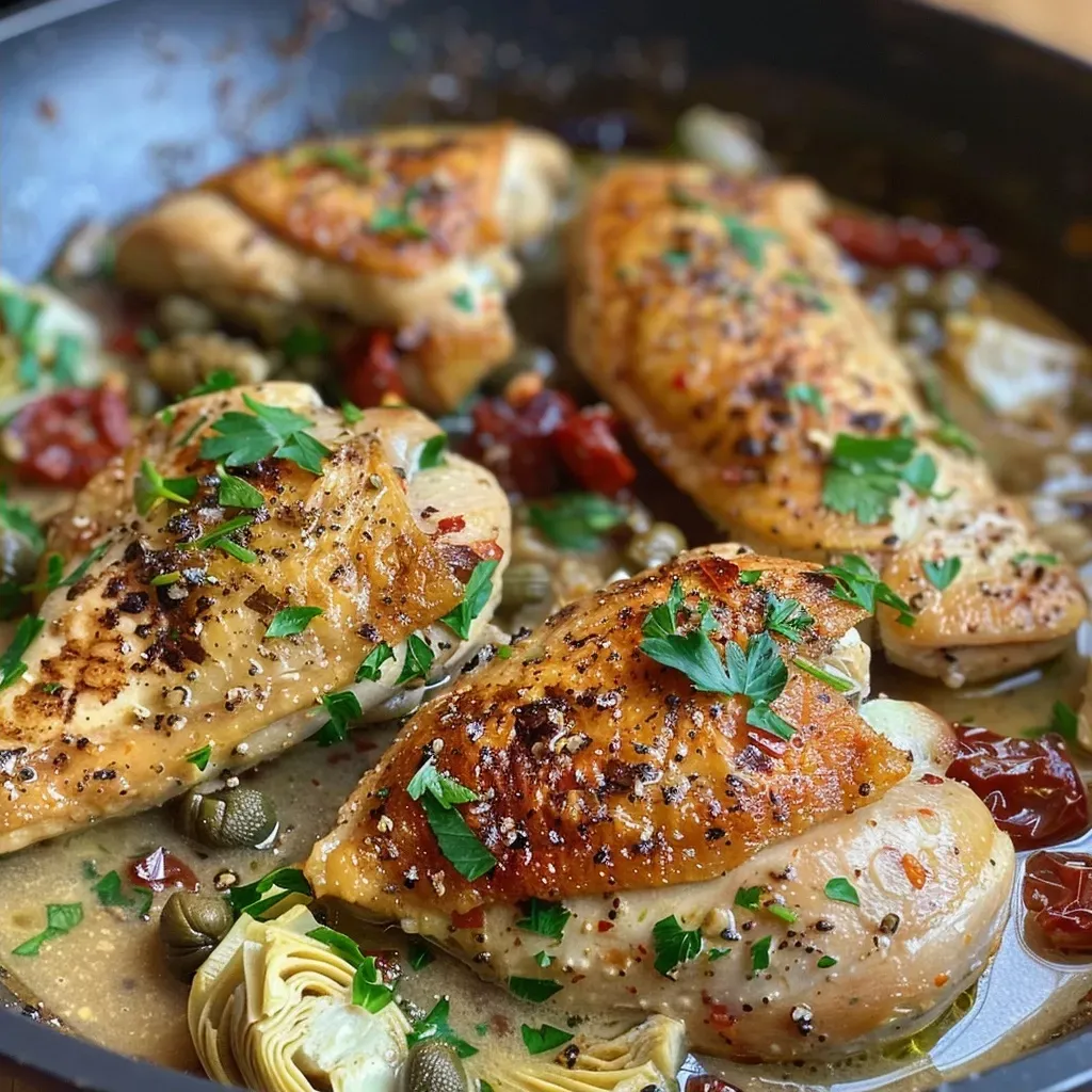 Close-up view of a Mediterranean Chicken Skillet featuring juicy chicken, artichokes, and sun-dried tomatoes.