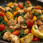 ['A vibrant Mediterranean chicken stir fry showcasing colorful vegetables and chicken pieces.', 'Juicy chicken stir fry with fresh spinach, cherry tomatoes, and bell peppers, captured from the side.', 'Close-up view of a Mediterranean chicken stir fry, highlighting diced vegetables and herbs.', 'A side perspective of Mediterranean chicken stir fry, featuring bright colors and ingredients.']