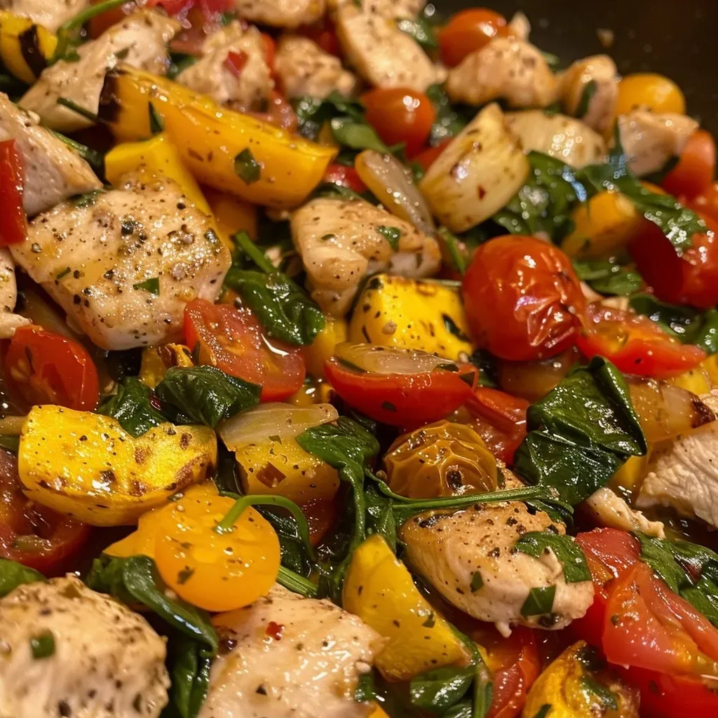 ['A vibrant Mediterranean chicken stir fry showcasing colorful vegetables and chicken pieces.', 'Juicy chicken stir fry with fresh spinach, cherry tomatoes, and bell peppers, captured from the side.', 'Close-up view of a Mediterranean chicken stir fry, highlighting diced vegetables and herbs.', 'A side perspective of Mediterranean chicken stir fry, featuring bright colors and ingredients.']