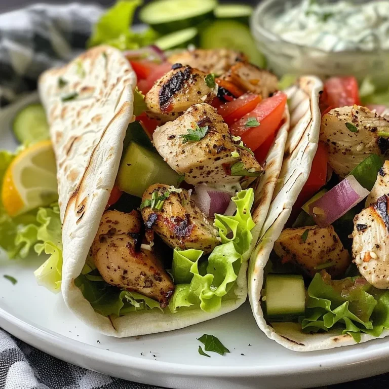 ['Juicy Mediterranean chicken wraps with fresh vegetables and tzatziki sauce.', 'Close-up of a delicious chicken wrap with vibrant ingredients.', 'Side view of Mediterranean chicken wraps surrounded by greens and sauces.', 'Tasty chicken pita wrap filled with colorful vegetables and herbs.']