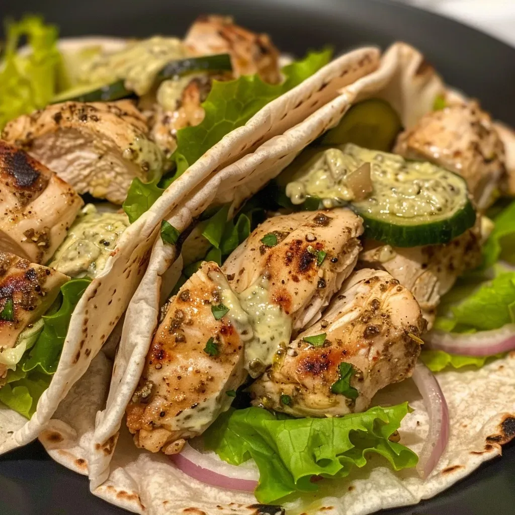 ['Juicy Mediterranean chicken wraps with fresh vegetables and tzatziki sauce.', 'Close-up of a delicious chicken wrap with vibrant ingredients.', 'Side view of Mediterranean chicken wraps surrounded by greens and sauces.', 'Tasty chicken pita wrap filled with colorful vegetables and herbs.']