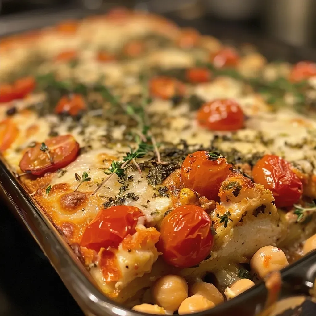 ['Close-up view of a vibrant Mediterranean Chickpea Bake topped with fresh herbs.', 'Side view of a hearty Mediterranean Chickpea Bake, showcasing its golden crust.', 'Juicy Mediterranean Chickpea Bake with vegetables, herbs, and spices, displayed in a rustic dish.', 'Colorful Mediterranean Chickpea Bake filled with chickpeas and vegetables, served in a cozy setting.']