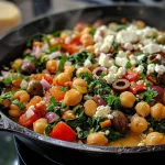 ['Close-up of a skillet filled with Mediterranean chickpeas, garnished with feta and olives.', 'Juicy Mediterranean chickpeas with tomatoes, spinach, and feta in a skillet.', 'Side view of a vibrant chickpea dish featuring fresh spinach and olives in a pan.', 'A hearty Mediterranean chickpeas skillet with a variety of colorful ingredients.']