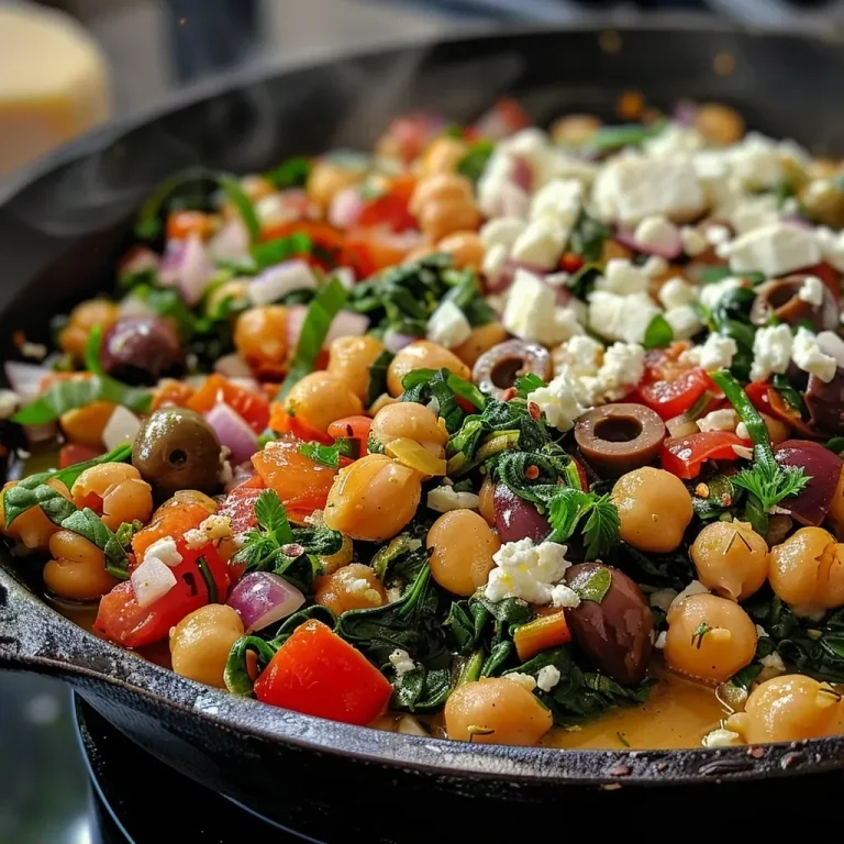 ['Close-up of a skillet filled with Mediterranean chickpeas, garnished with feta and olives.', 'Juicy Mediterranean chickpeas with tomatoes, spinach, and feta in a skillet.', 'Side view of a vibrant chickpea dish featuring fresh spinach and olives in a pan.', 'A hearty Mediterranean chickpeas skillet with a variety of colorful ingredients.']
