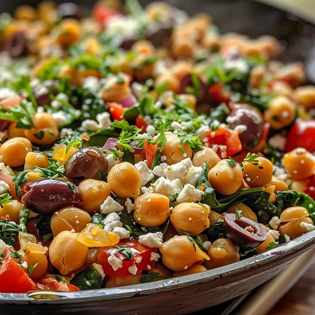 ['Close-up of a skillet filled with Mediterranean chickpeas, garnished with feta and olives.', 'Juicy Mediterranean chickpeas with tomatoes, spinach, and feta in a skillet.', 'Side view of a vibrant chickpea dish featuring fresh spinach and olives in a pan.', 'A hearty Mediterranean chickpeas skillet with a variety of colorful ingredients.']