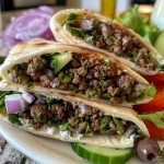 ['Close-up view of a Mediterranean Ground Beef Pita Wrap filled with juicy beef and fresh vegetables.', 'Side view of a pita wrap showcasing ground beef, lettuce, tomatoes, and olives.', 'Detailed image of a delicious pita wrap with ground beef and vibrant fresh ingredients.', 'Juicy Mediterranean Ground Beef Pita Wrap filled with colorful veggies and savory sauce.']