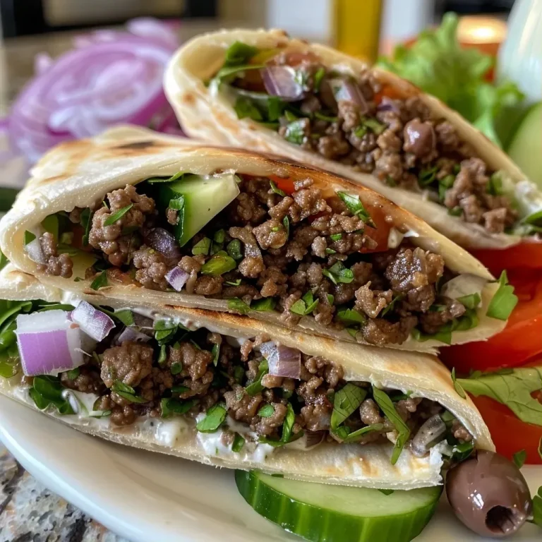 ['Close-up view of a Mediterranean Ground Beef Pita Wrap filled with juicy beef and fresh vegetables.', 'Side view of a pita wrap showcasing ground beef, lettuce, tomatoes, and olives.', 'Detailed image of a delicious pita wrap with ground beef and vibrant fresh ingredients.', 'Juicy Mediterranean Ground Beef Pita Wrap filled with colorful veggies and savory sauce.']