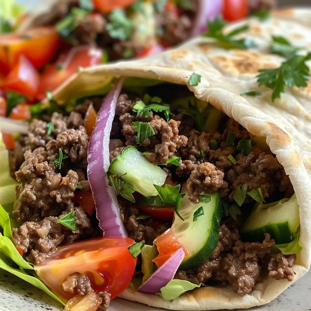 ['Close-up view of a Mediterranean Ground Beef Pita Wrap filled with juicy beef and fresh vegetables.', 'Side view of a pita wrap showcasing ground beef, lettuce, tomatoes, and olives.', 'Detailed image of a delicious pita wrap with ground beef and vibrant fresh ingredients.', 'Juicy Mediterranean Ground Beef Pita Wrap filled with colorful veggies and savory sauce.']