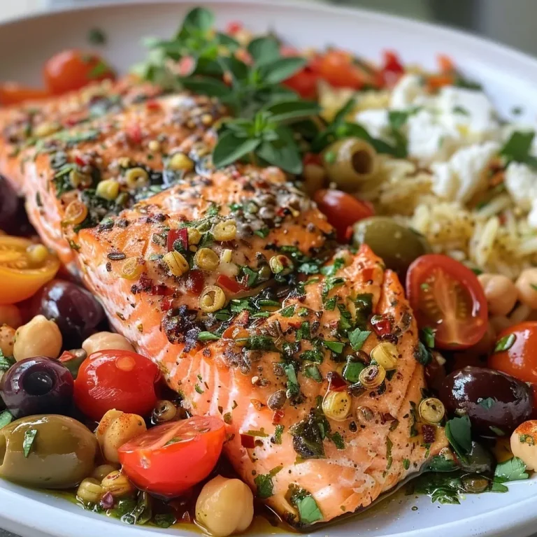 ['Close-up view of Mediterranean salmon fillet garnished with olives and cherry tomatoes.', 'Juicy salmon fillets surrounded by colorful vegetables and sprinkled with herbs.', 'A platter of Mediterranean salmon with chickpeas, feta, and fresh herbs.', 'Side view of grilled salmon topped with olives, tomatoes, and spices on a bed of rice.']