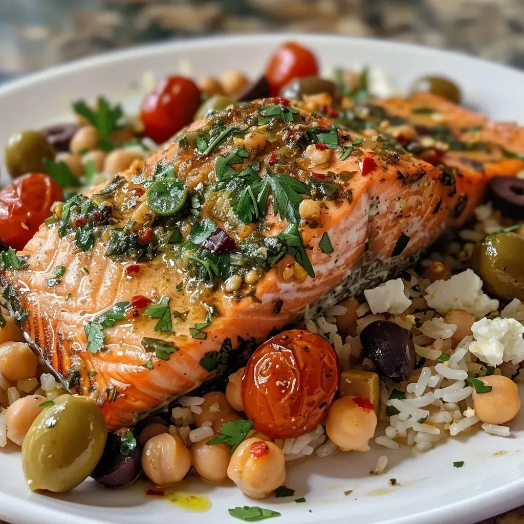 ['Close-up view of Mediterranean salmon fillet garnished with olives and cherry tomatoes.', 'Juicy salmon fillets surrounded by colorful vegetables and sprinkled with herbs.', 'A platter of Mediterranean salmon with chickpeas, feta, and fresh herbs.', 'Side view of grilled salmon topped with olives, tomatoes, and spices on a bed of rice.']
