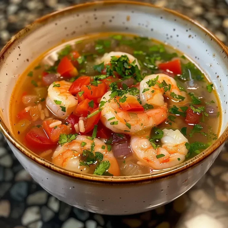 ['Close-up of Mediterranean Shrimp Soup in a bowl, showcasing shrimp and colorful vegetables.', 'Side view of a bowl filled with Mediterranean Shrimp Soup, highlighting fresh herbs and scallops.', 'A vibrant serving of Mediterranean Shrimp Soup with shrimp, bell peppers, and spinach.', 'Detailed shot of Mediterranean Shrimp Soup featuring shrimp, tomatoes, and orzo pasta.']
