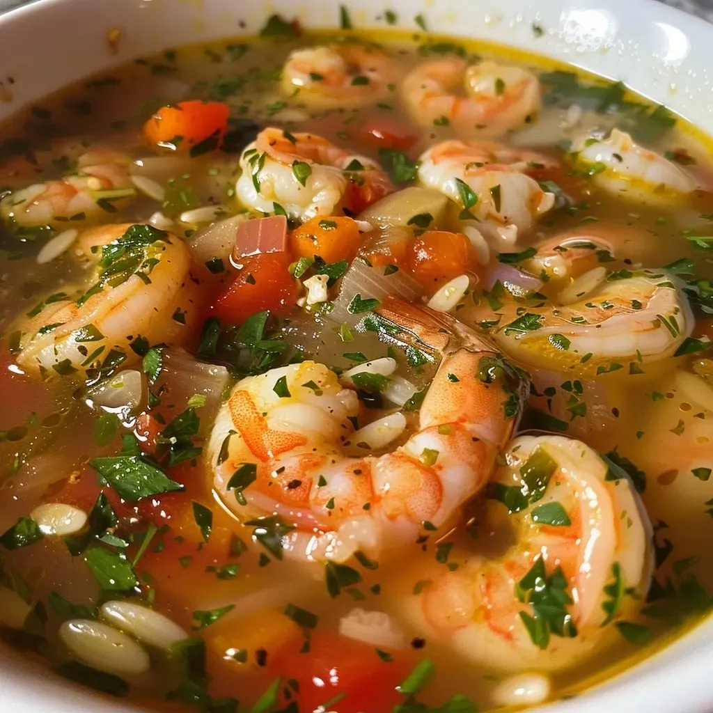 ['Close-up of Mediterranean Shrimp Soup in a bowl, showcasing shrimp and colorful vegetables.', 'Side view of a bowl filled with Mediterranean Shrimp Soup, highlighting fresh herbs and scallops.', 'A vibrant serving of Mediterranean Shrimp Soup with shrimp, bell peppers, and spinach.', 'Detailed shot of Mediterranean Shrimp Soup featuring shrimp, tomatoes, and orzo pasta.']