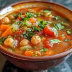 ['A close-up side view of a vibrant bowl of Mediterranean soup filled with vegetables and chickpeas.', 'A detailed shot of Mediterranean soup showcasing its colorful ingredients and rich texture.', 'A mouthwatering bowl of Mediterranean soup featuring fresh spinach, tomatoes, and aromatic herbs.', 'A side view of hearty Mediterranean soup, highlighting its chunky vegetables and creamy consistency.']
