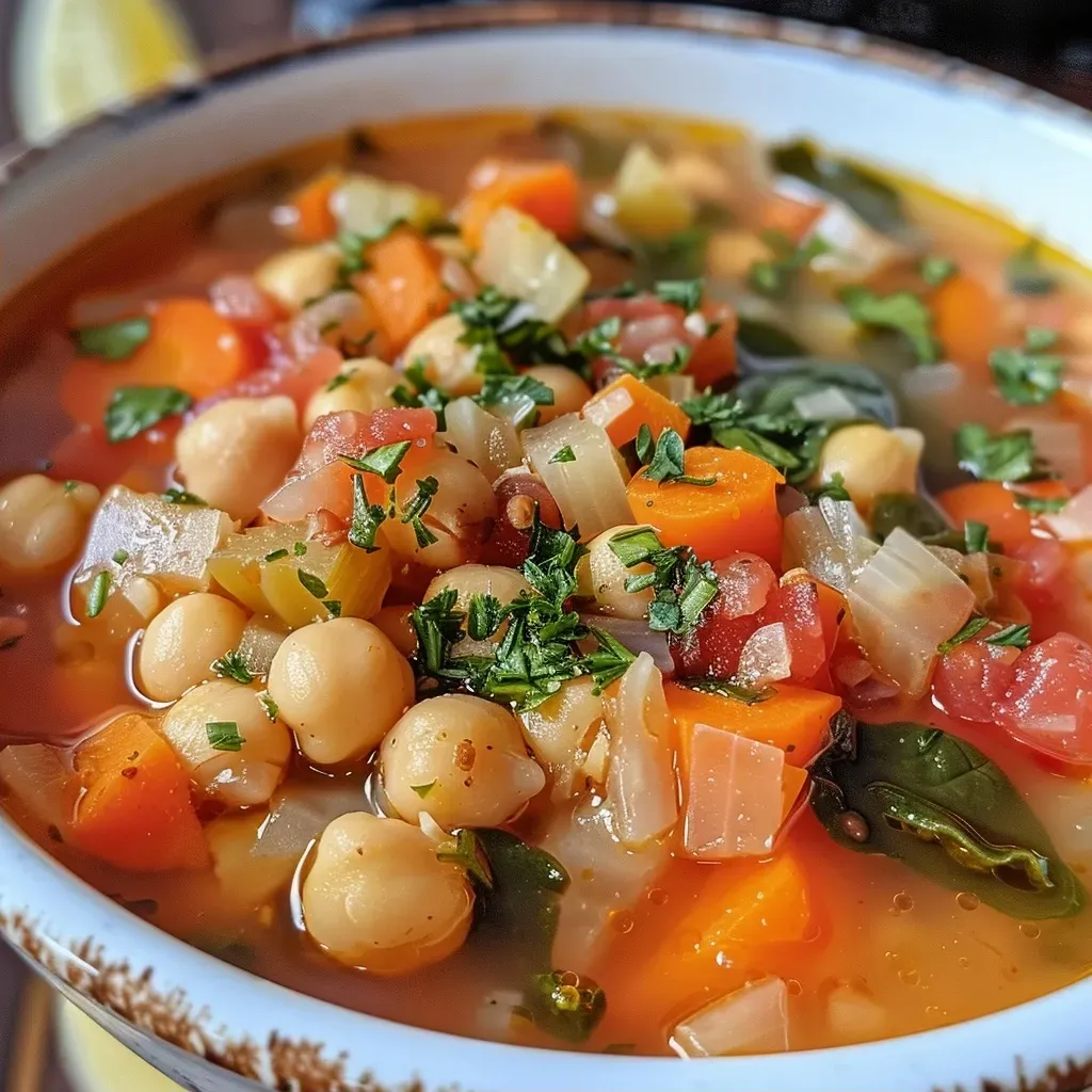 ['A close-up side view of a vibrant bowl of Mediterranean soup filled with vegetables and chickpeas.', 'A detailed shot of Mediterranean soup showcasing its colorful ingredients and rich texture.', 'A mouthwatering bowl of Mediterranean soup featuring fresh spinach, tomatoes, and aromatic herbs.', 'A side view of hearty Mediterranean soup, highlighting its chunky vegetables and creamy consistency.']