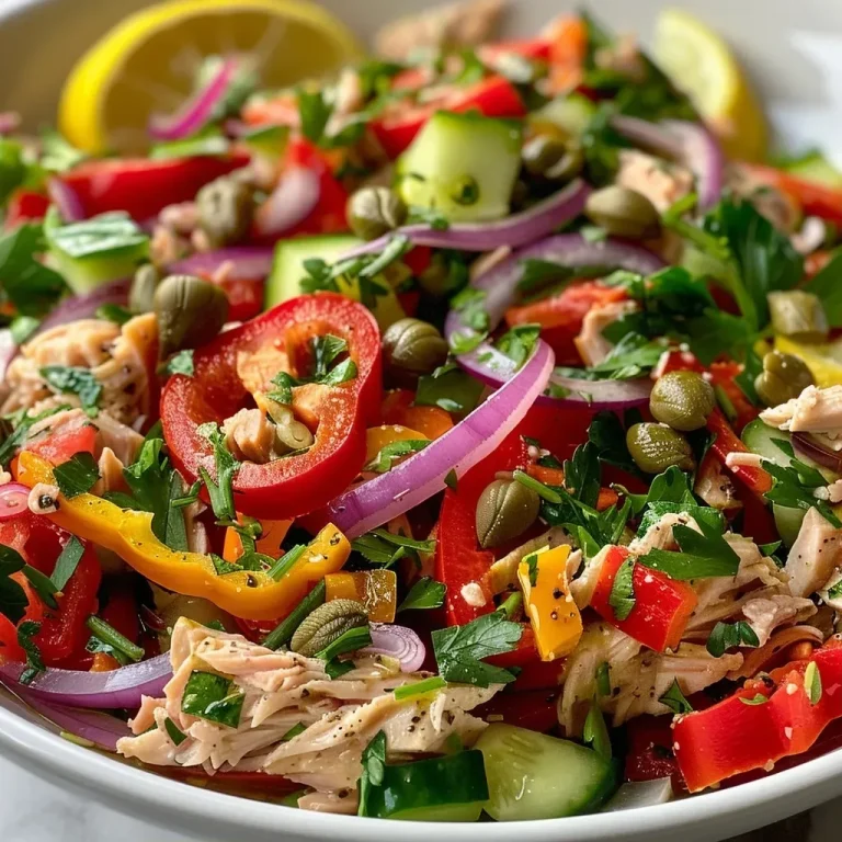 ['Close-up view of a Mediterranean tuna salad with vibrant vegetables.', 'Side view of a colorful bowl filled with Mediterranean tuna salad ingredients.', 'Freshly prepared Mediterranean tuna salad with visible chunks of vegetables.', 'Juicy Mediterranean tuna salad in a bowl, showcasing green and red ingredients.']