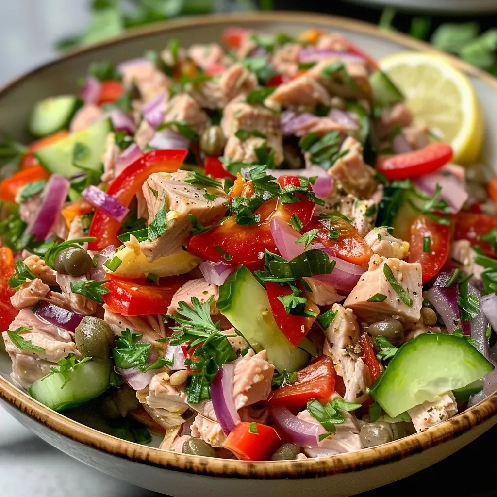 ['Close-up of a colorful Mediterranean tuna salad in a bowl, featuring fresh vegetables and herbs.', 'Side view of a vibrant tuna salad with cherry tomatoes, olives, and cucumbers in a dish.', 'Detailed image of a healthy Mediterranean tuna salad, showcasing various ingredients like parsley and lemon.', 'Zoomed-in photo of a refreshing tuna salad mixed with Greek yogurt and herbs, set on a wooden table.']