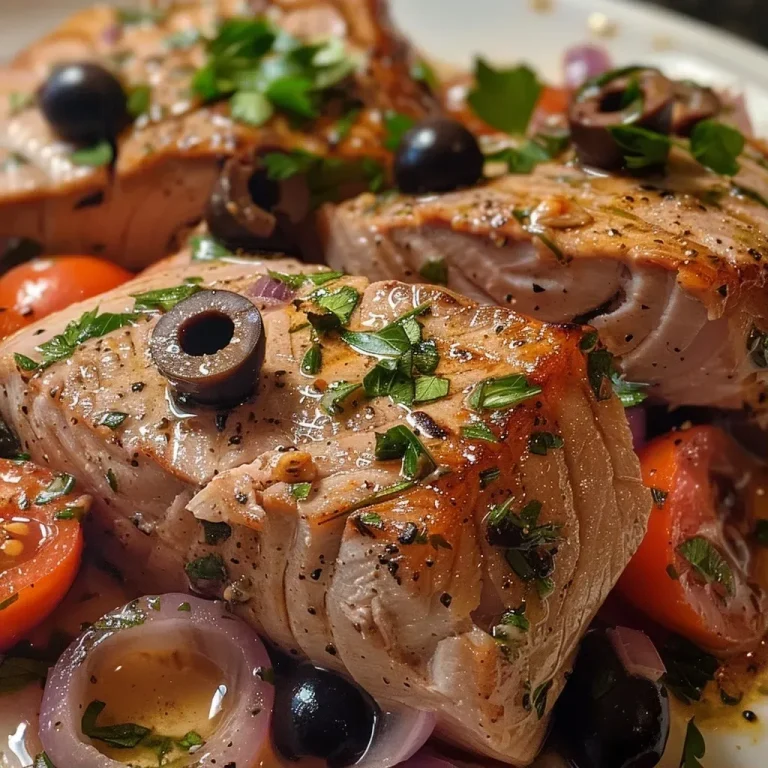['Close-up of juicy Mediterranean tuna steaks garnished with herbs.', 'Side view of perfectly cooked tuna steaks with vibrant toppings.', 'Detailed image of Mediterranean-style tuna steaks with olives and herbs.', 'Freshly plated Mediterranean tuna steaks highlighting rich colors and textures.']