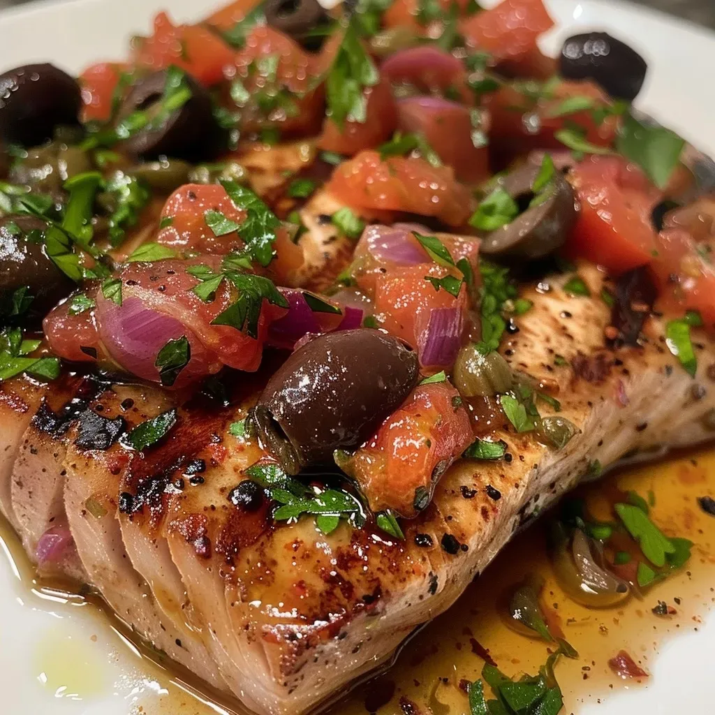 ['Close-up of juicy Mediterranean tuna steaks garnished with herbs.', 'Side view of perfectly cooked tuna steaks with vibrant toppings.', 'Detailed image of Mediterranean-style tuna steaks with olives and herbs.', 'Freshly plated Mediterranean tuna steaks highlighting rich colors and textures.']