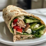 ['A close-up side view of a Mediterranean Herb and Garlic Tuna Wrap, showcasing fresh ingredients.', 'A detailed shot of a Tuna Wrap filled with spinach, feta, cucumbers, and roasted red peppers.', 'A vibrant Mediterranean Tuna Wrap with visible layers of tuna, vegetables, and a flatbread exterior.', 'A close side view of a nutritious Tuna Wrap highlighting its colorful ingredients and textures.']