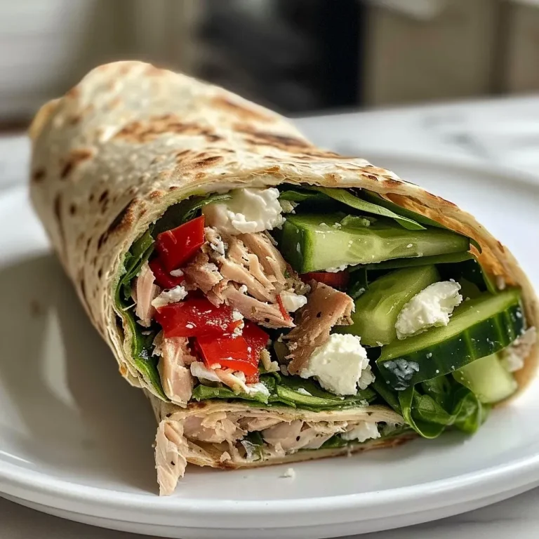 ['A close-up side view of a Mediterranean Herb and Garlic Tuna Wrap, showcasing fresh ingredients.', 'A detailed shot of a Tuna Wrap filled with spinach, feta, cucumbers, and roasted red peppers.', 'A vibrant Mediterranean Tuna Wrap with visible layers of tuna, vegetables, and a flatbread exterior.', 'A close side view of a nutritious Tuna Wrap highlighting its colorful ingredients and textures.']
