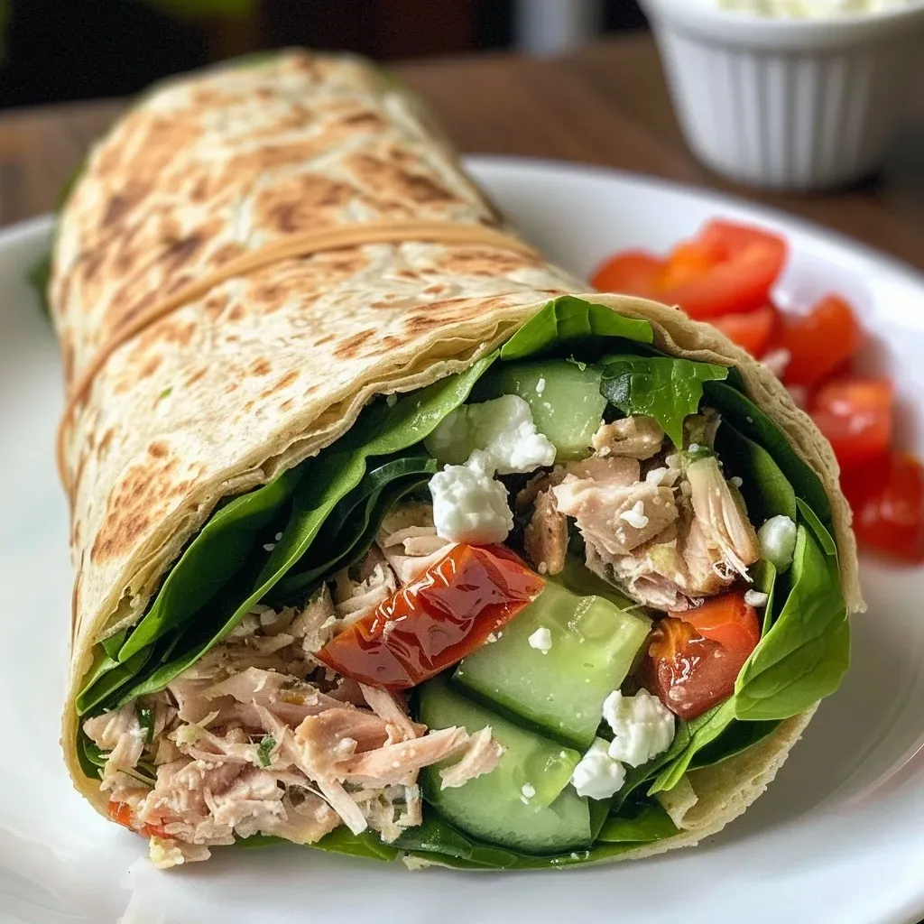 ['A close-up side view of a Mediterranean Herb and Garlic Tuna Wrap, showcasing fresh ingredients.', 'A detailed shot of a Tuna Wrap filled with spinach, feta, cucumbers, and roasted red peppers.', 'A vibrant Mediterranean Tuna Wrap with visible layers of tuna, vegetables, and a flatbread exterior.', 'A close side view of a nutritious Tuna Wrap highlighting its colorful ingredients and textures.']