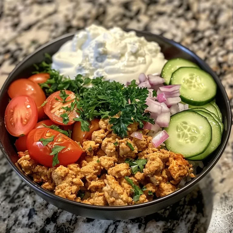 ['Close-up shot of Mediterranean Turkey Bowls with vibrant toppings.', 'Side view of a bowl filled with ground turkey, rice, and fresh vegetables.', 'Detailed image showcasing a Mediterranean-inspired meal with colorful ingredients.', 'Juicy Mediterranean Turkey Bowl arranged with tomatoes, cucumber, and herbs.']
