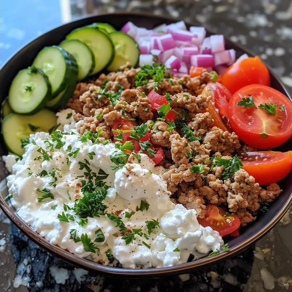 ['Close-up shot of Mediterranean Turkey Bowls with vibrant toppings.', 'Side view of a bowl filled with ground turkey, rice, and fresh vegetables.', 'Detailed image showcasing a Mediterranean-inspired meal with colorful ingredients.', 'Juicy Mediterranean Turkey Bowl arranged with tomatoes, cucumber, and herbs.']