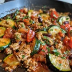 ['Juicy Mediterranean Turkey Skillet with vibrant vegetables and beans.', 'Close-up view of a colorful Turkey Skillet featuring zucchini and peppers.', 'Delicious Turkey Skillet showcasing lean ground turkey and fresh ingredients.', 'A hearty dish of Mediterranean Turkey Skillet with diced tomatoes and spices.']