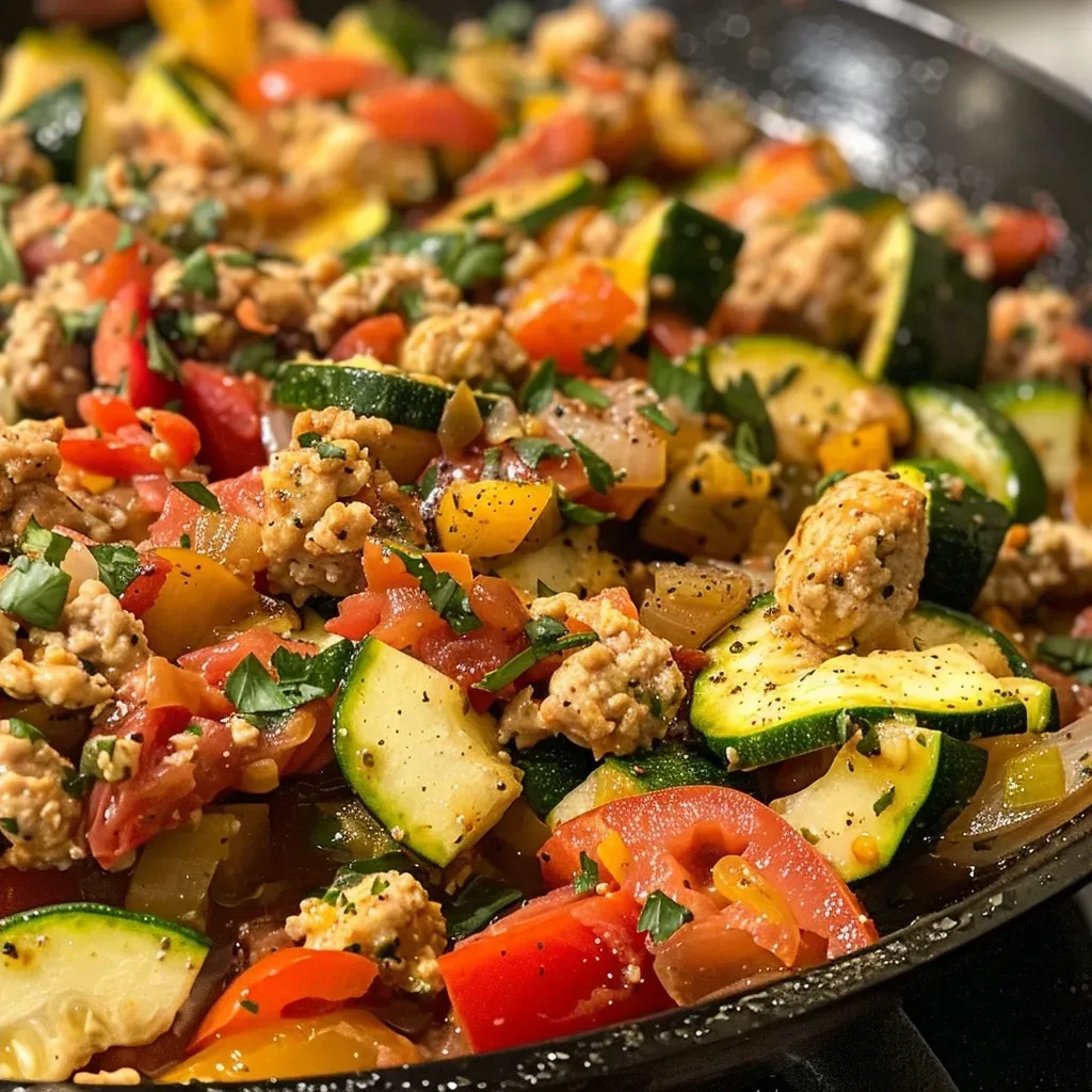 ['Juicy Mediterranean Turkey Skillet with vibrant vegetables and beans.', 'Close-up view of a colorful Turkey Skillet featuring zucchini and peppers.', 'Delicious Turkey Skillet showcasing lean ground turkey and fresh ingredients.', 'A hearty dish of Mediterranean Turkey Skillet with diced tomatoes and spices.']