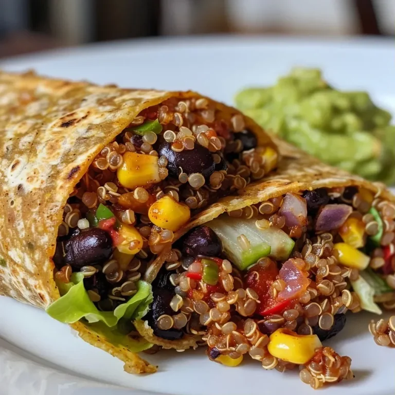 ['A close-up side view of a colorful Mexican Quinoa Wrap filled with vibrant ingredients.', 'Juicy Mexican Quinoa Wrap showcasing layers of quinoa, black beans, and veggies in a wrap.', 'A side view of a neatly wrapped Mexican Quinoa Wrap, highlighting fresh ingredients like corn and peppers.', 'Close-up image of a Mexican Quinoa Wrap, emphasizing its colorful fillings and texture.']