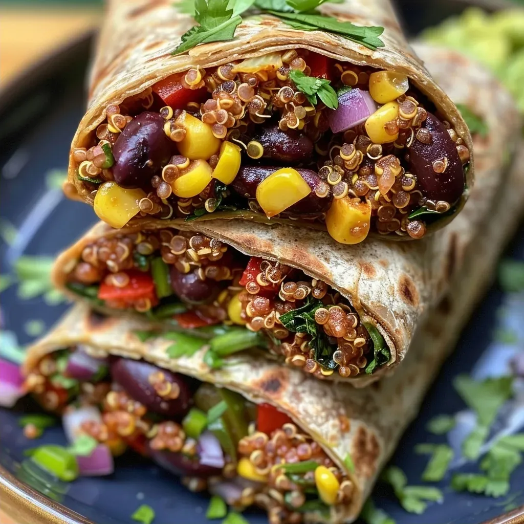 ['A close-up side view of a colorful Mexican Quinoa Wrap filled with vibrant ingredients.', 'Juicy Mexican Quinoa Wrap showcasing layers of quinoa, black beans, and veggies in a wrap.', 'A side view of a neatly wrapped Mexican Quinoa Wrap, highlighting fresh ingredients like corn and peppers.', 'Close-up image of a Mexican Quinoa Wrap, emphasizing its colorful fillings and texture.']