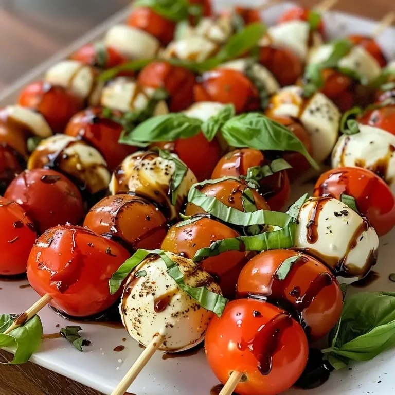 ['Close-up of Mini Caprese Skewers with cherry tomatoes, mozzarella, and basil drizzled with balsamic glaze.', 'Side view photo of colorful Mini Caprese Skewers arranged on a plate, showcasing fresh ingredients.', 'Juicy Mini Caprese Skewers featuring mozzarella balls, grape tomatoes, and basil, topped with balsamic glaze.', 'Detailed image of Mini Caprese Skewers with vibrant colors, highlighting the fresh ingredients on small skewers.']