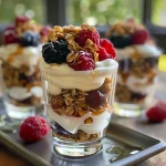 ['Close-up view of layered Mini Parfait Cups featuring yogurt, granola, and berries.', 'Side view of colorful Mini Parfait Cups filled with Greek yogurt, granola, and mixed berries.', 'Delicious Mini Parfait Cups showcasing vibrant layers of yogurt, honey, and fresh fruit.', 'Mini Parfait Cups displayed in a clear cup, highlighting the textures of granola and berries.']
