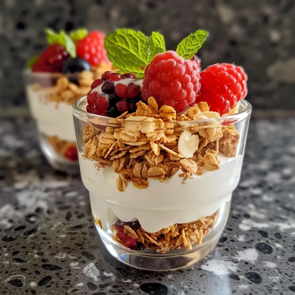 ['Close-up view of layered Mini Parfait Cups featuring yogurt, granola, and berries.', 'Side view of colorful Mini Parfait Cups filled with Greek yogurt, granola, and mixed berries.', 'Delicious Mini Parfait Cups showcasing vibrant layers of yogurt, honey, and fresh fruit.', 'Mini Parfait Cups displayed in a clear cup, highlighting the textures of granola and berries.']