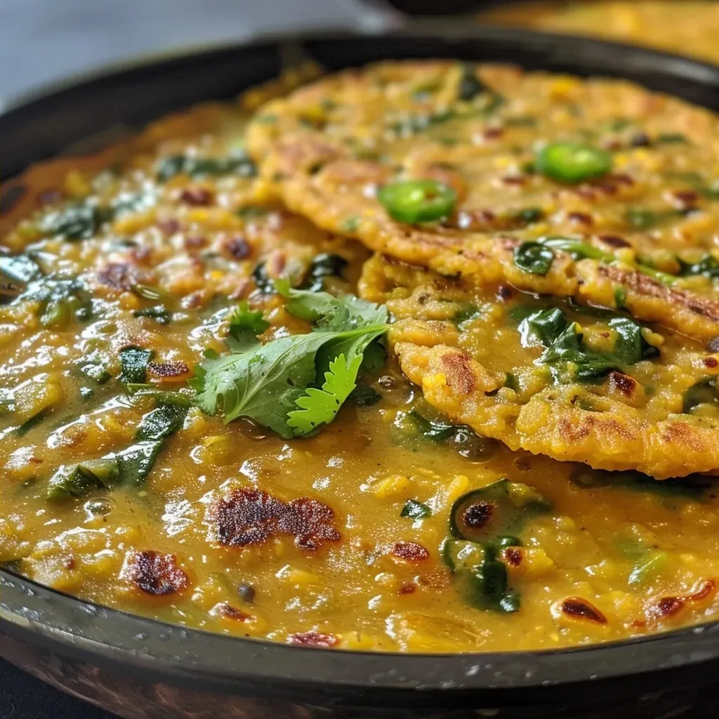 ['Close-up of a golden-brown Moong Dal Chilla on a plate, garnished with herbs.', 'Side view of a crispy Moong Dal Chilla with colorful ingredients visible.', 'Juicy Moong Dal Chilla showcasing texture and spices, captured from a close angle.', 'A plated Moong Dal Chilla, with green spinach and herbs, highlighting its vibrant colors.']