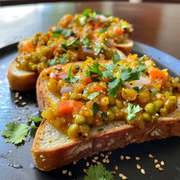 ['Close-up of a golden-brown Moong Dal Toast topped with colorful chopped vegetables.', 'Side view of a juicy Moong Dal Toast showcasing lentils and vibrant toppings.', 'Delicious Moong Dal Toast with a crispy exterior and fresh herb garnishes.', 'Close-up image of a slice of Moong Dal Toast with chopped onions, carrots, and green chilies.']