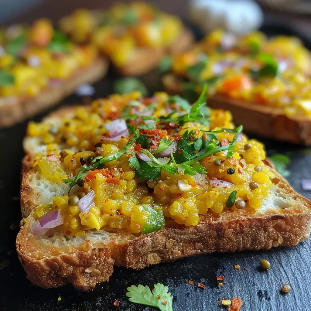 ['Close-up of a golden-brown Moong Dal Toast topped with colorful chopped vegetables.', 'Side view of a juicy Moong Dal Toast showcasing lentils and vibrant toppings.', 'Delicious Moong Dal Toast with a crispy exterior and fresh herb garnishes.', 'Close-up image of a slice of Moong Dal Toast with chopped onions, carrots, and green chilies.']