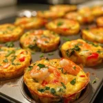 ['Close-up view of golden-brown prawn frittatas in a muffin pan.', 'Juicy prawn frittatas with colorful vegetables, freshly baked in muffin shapes.', 'Side view of muffin pan filled with mini frittatas, showcasing prawns and cheese.', 'Tasty muffin tin frittatas featuring prawns, spinach, and vibrant bell peppers.']