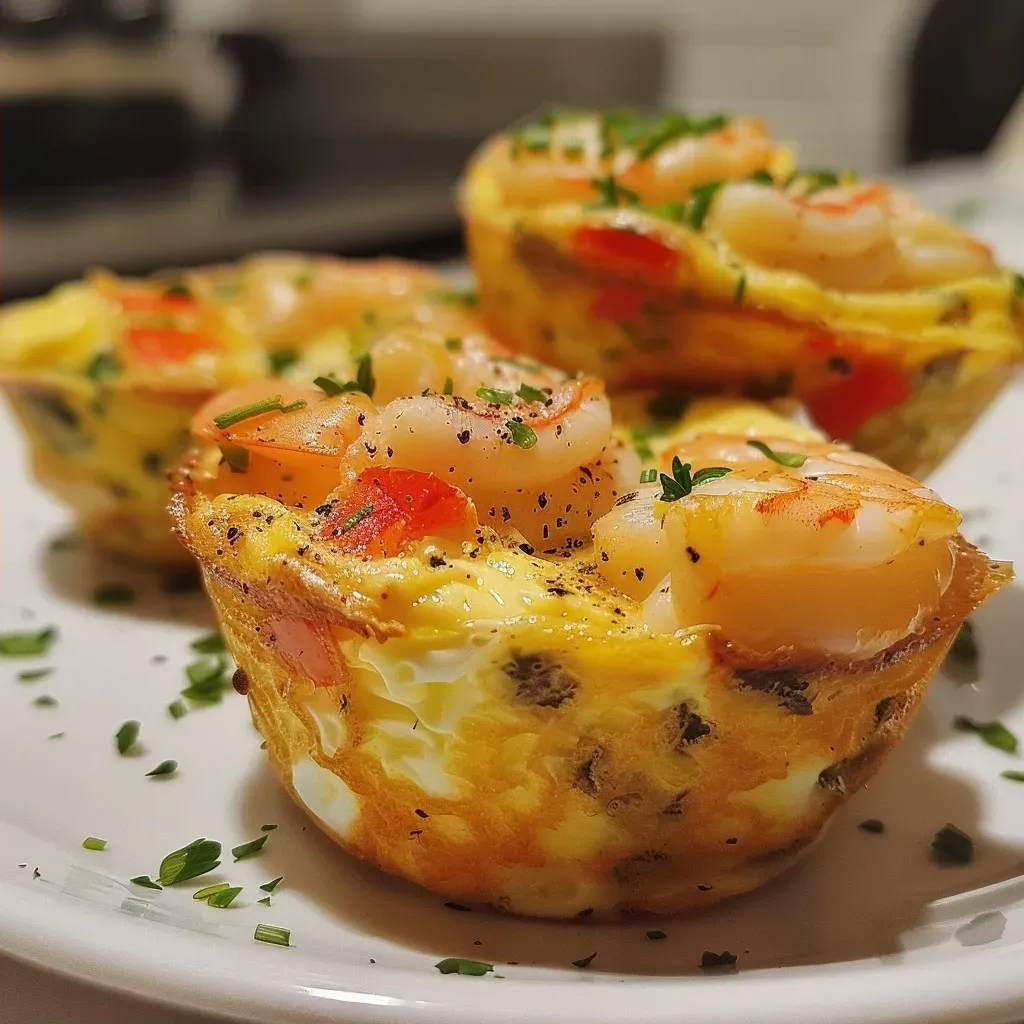 ['Close-up view of golden-brown prawn frittatas in a muffin pan.', 'Juicy prawn frittatas with colorful vegetables, freshly baked in muffin shapes.', 'Side view of muffin pan filled with mini frittatas, showcasing prawns and cheese.', 'Tasty muffin tin frittatas featuring prawns, spinach, and vibrant bell peppers.']