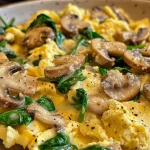 ['A close-up side view of fluffy scrambled eggs with mushrooms and spinach, garnished with herbs.', 'Juicy scrambled eggs with sautéed mushrooms and fresh spinach, displayed on a white plate.', 'Hearty mushroom and spinach scrambled eggs with a creamy texture, served in a rustic bowl.', 'A delicious serving of mushroom spinach scrambled eggs, featuring vibrant green spinach and brown mushrooms.']