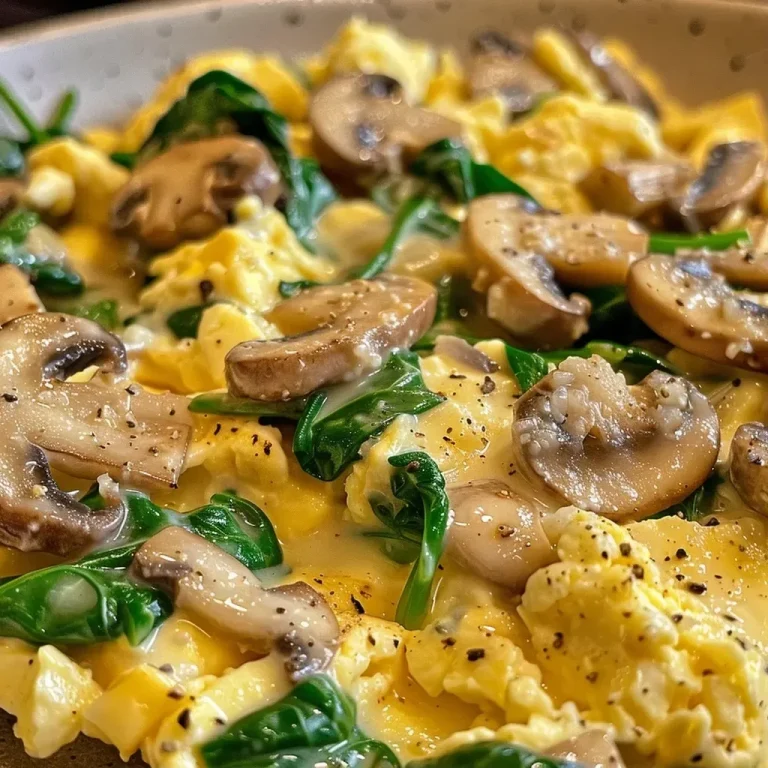 ['A close-up side view of fluffy scrambled eggs with mushrooms and spinach, garnished with herbs.', 'Juicy scrambled eggs with sautéed mushrooms and fresh spinach, displayed on a white plate.', 'Hearty mushroom and spinach scrambled eggs with a creamy texture, served in a rustic bowl.', 'A delicious serving of mushroom spinach scrambled eggs, featuring vibrant green spinach and brown mushrooms.']