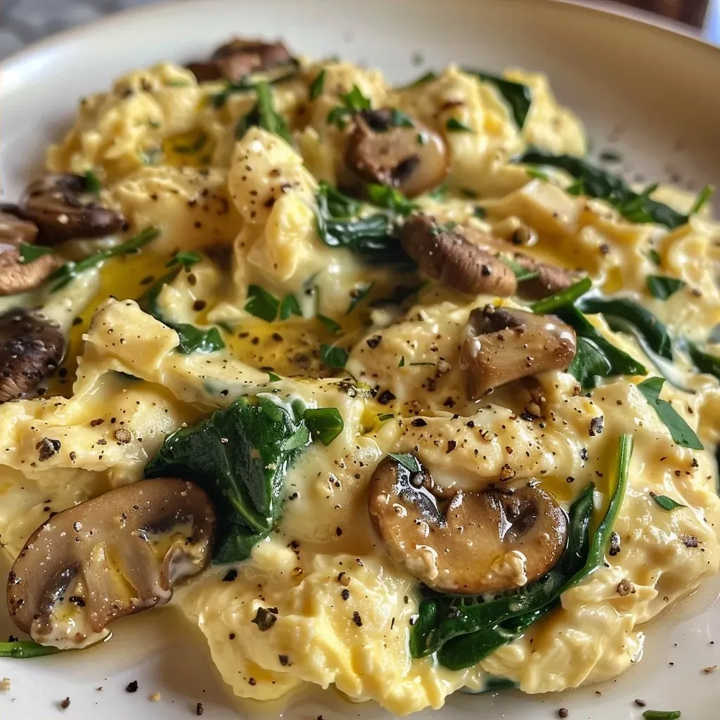 ['A close-up side view of fluffy scrambled eggs with mushrooms and spinach, garnished with herbs.', 'Juicy scrambled eggs with sautéed mushrooms and fresh spinach, displayed on a white plate.', 'Hearty mushroom and spinach scrambled eggs with a creamy texture, served in a rustic bowl.', 'A delicious serving of mushroom spinach scrambled eggs, featuring vibrant green spinach and brown mushrooms.']