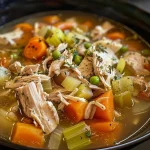 ['Close-up view of a bowl of Next Day Turkey Soup with vegetables.', 'A hearty serving of turkey soup showcasing shredded turkey and green beans.', 'Detailed side view of a rich and flavorful turkey soup in a bowl.', 'Appetizing turkey soup filled with colorful ingredients and garnished.']