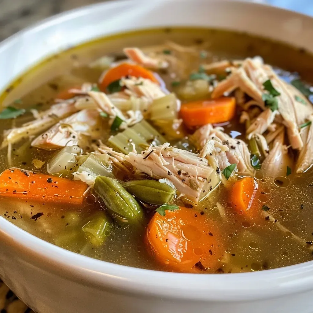 ['Close-up view of a bowl of Next Day Turkey Soup with vegetables.', 'A hearty serving of turkey soup showcasing shredded turkey and green beans.', 'Detailed side view of a rich and flavorful turkey soup in a bowl.', 'Appetizing turkey soup filled with colorful ingredients and garnished.']