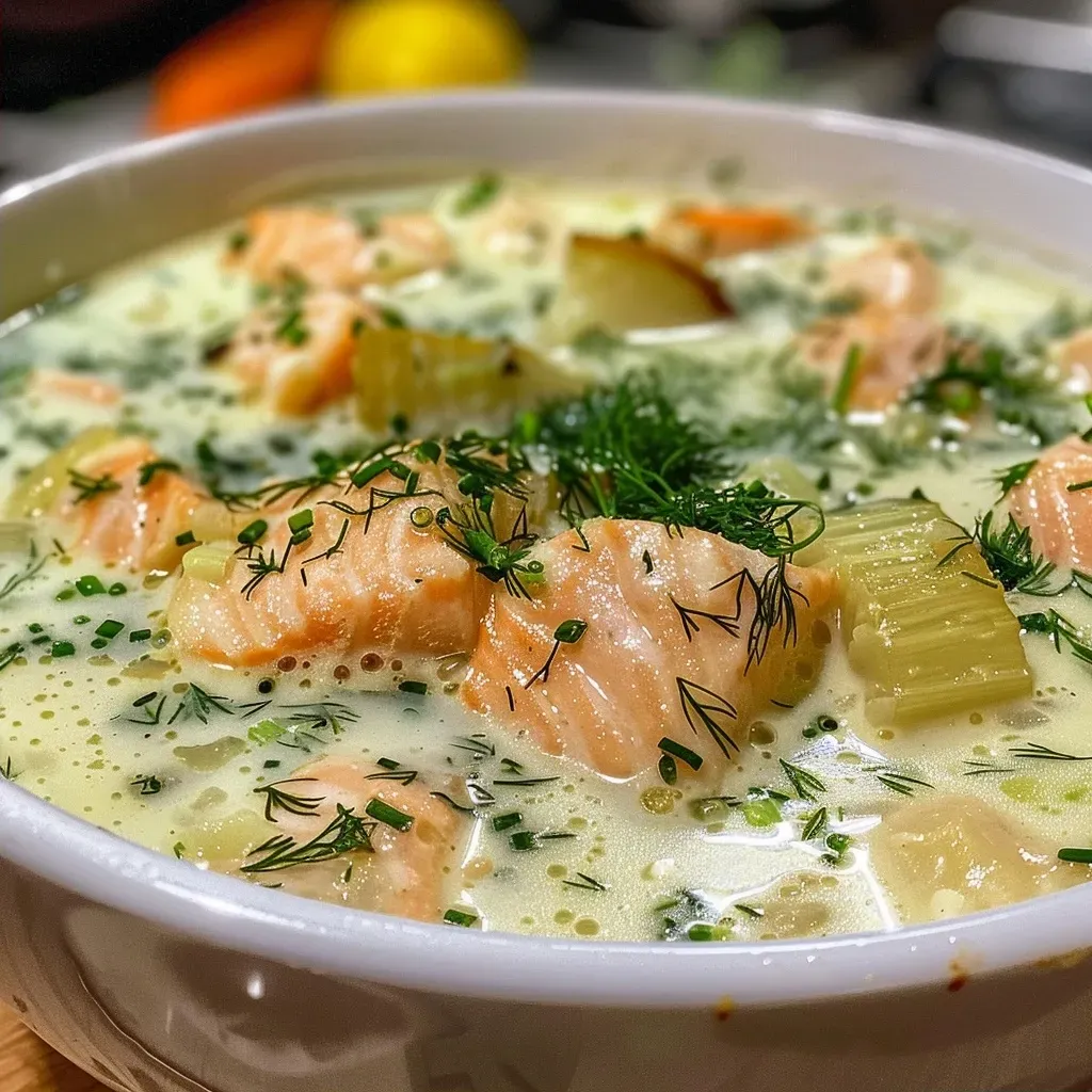 ['Close-up view of a bowl of Norwegian fish soup with salmon and vegetables.', 'Side angle of a creamy fish soup featuring chunks of salmon and fresh herbs.', 'Delicious Norwegian fish soup with a colorful assortment of vegetables on display.', 'Rich and creamy fish soup garnished with dill, showcasing the vibrant ingredients.']